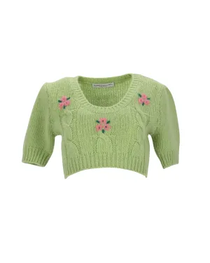 Alessandra Rich Cropped Cable-Knit Sweater in Green Alpaca Fiber