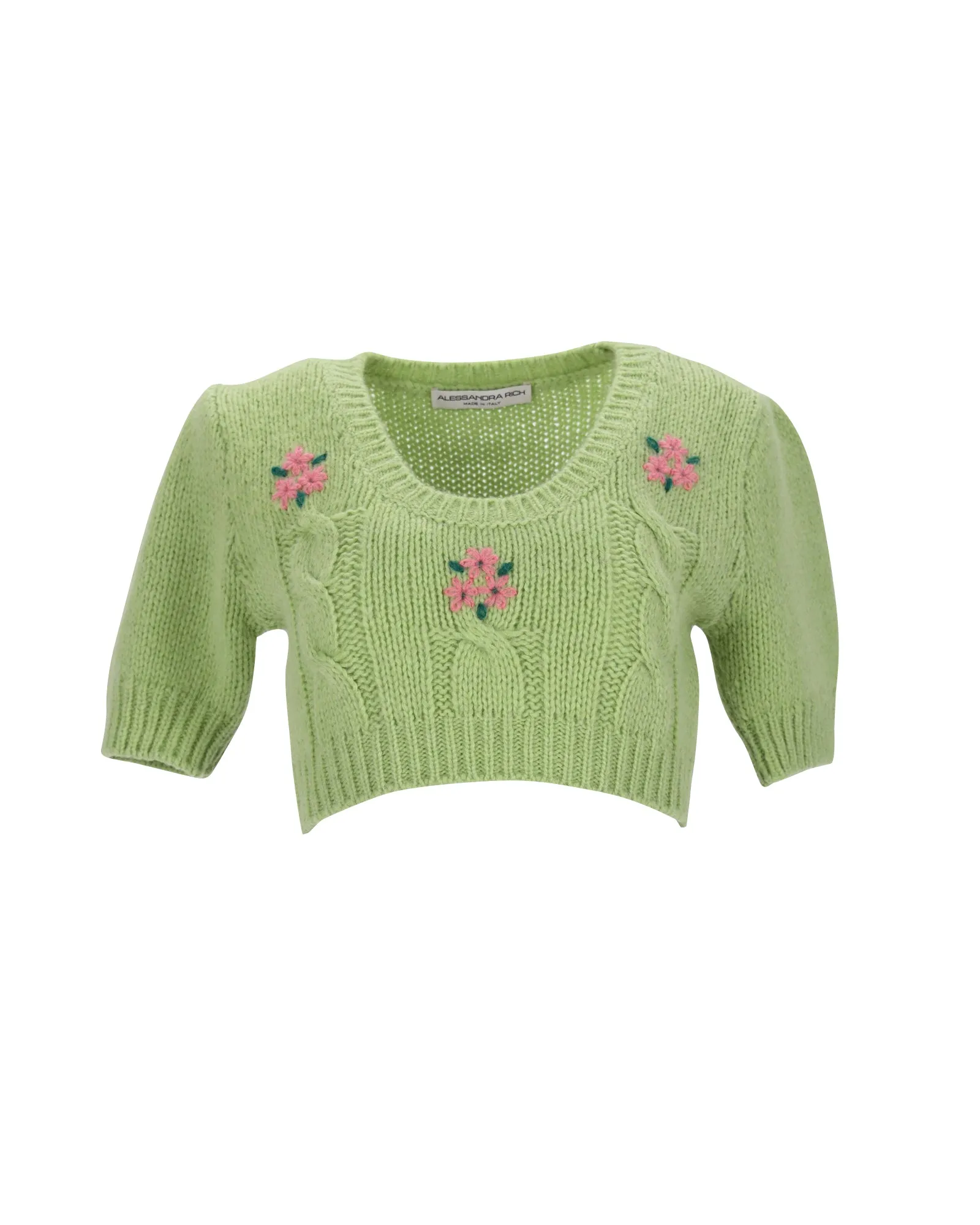 Alessandra Rich Cropped Cable-Knit Sweater in Green Alpaca Fiber
