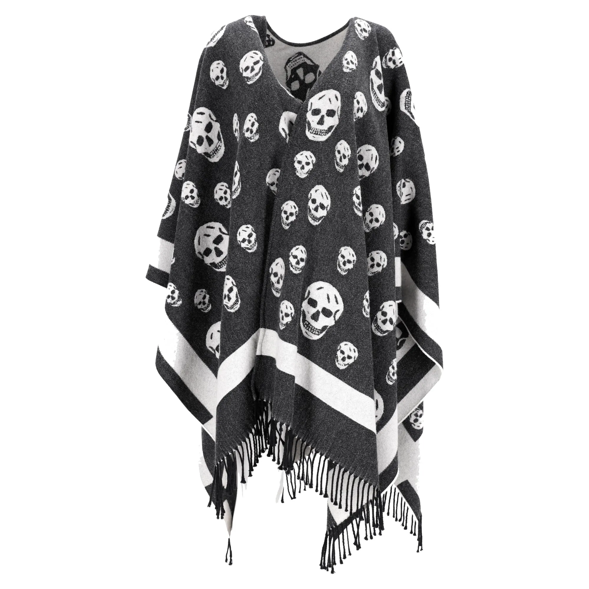 Alexander McQueen Skull Print Cape In Grey Wool