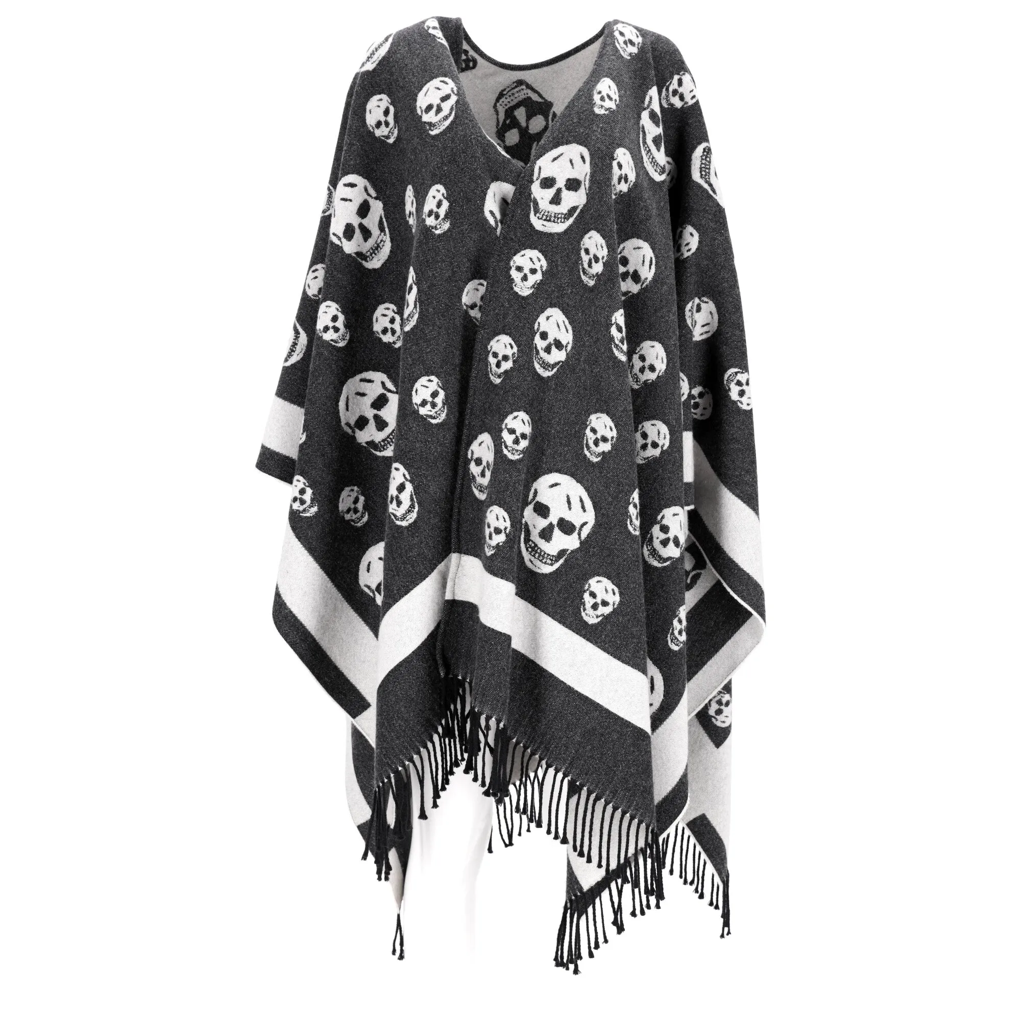 Alexander McQueen Skull Print Cape In Grey Wool
