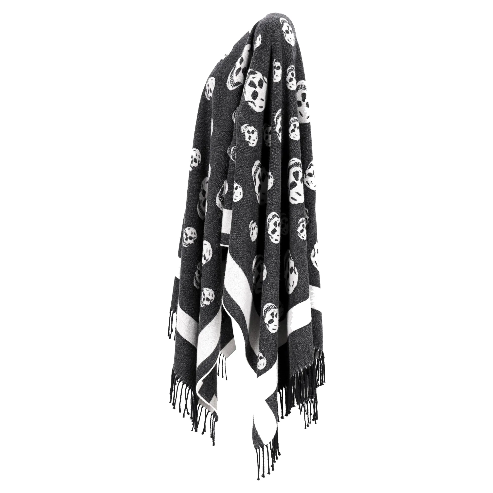 Alexander McQueen Skull Print Cape In Grey Wool