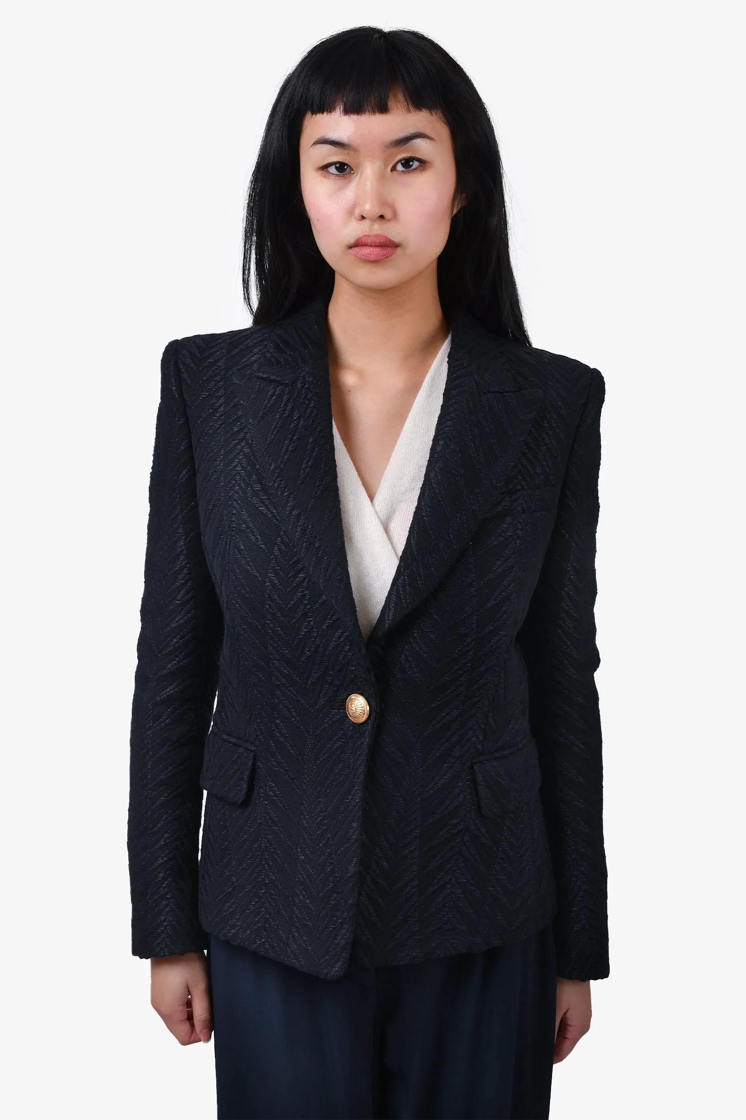 Balmain Navy Textured Single Breasted Blazer Size 38