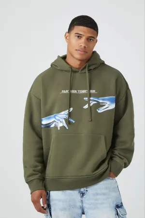 Forever 21 Men's Farther Together Graphic Hoodie Sweatshirt Olive/Multi Forever 21