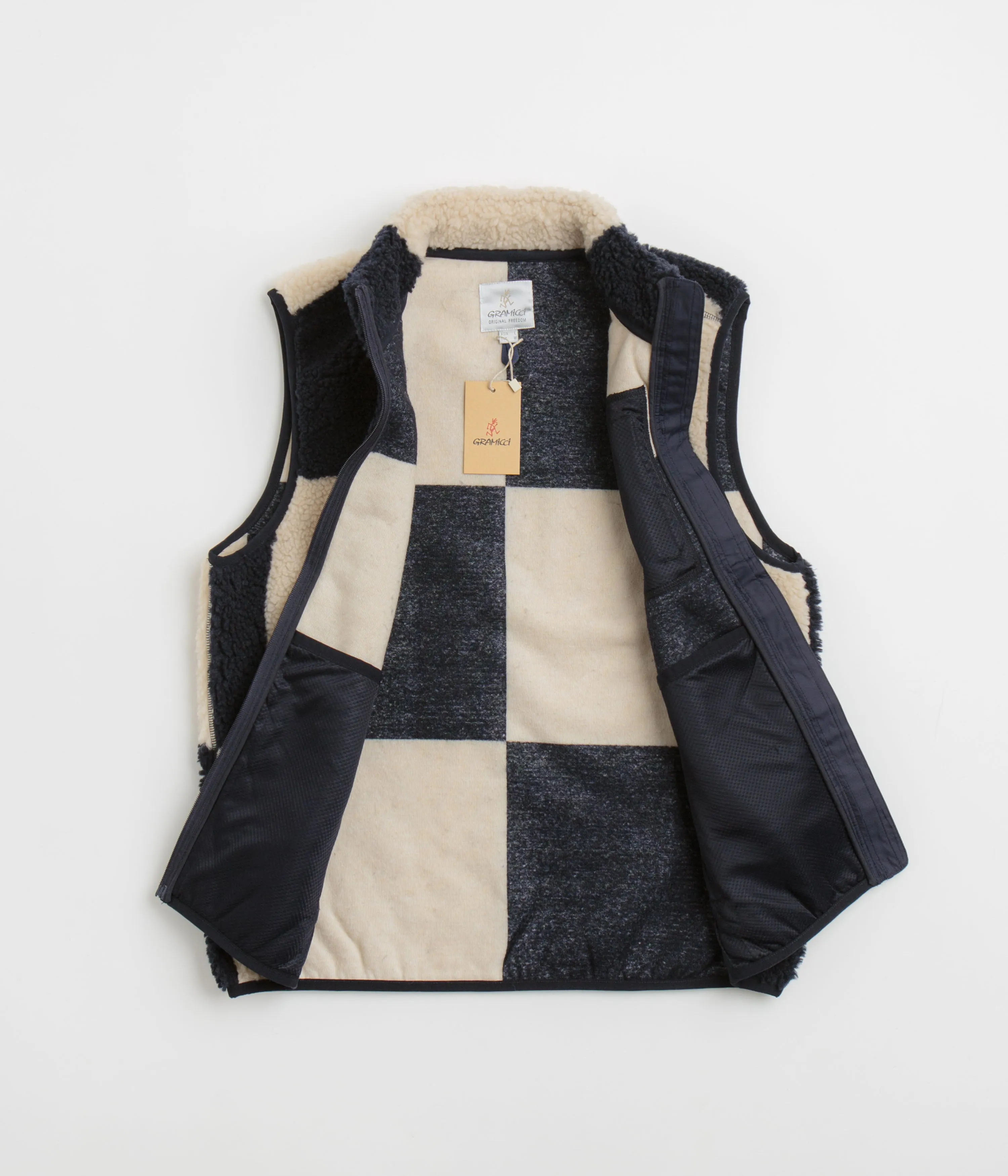 Gramicci Checkered Sherpa Vest - Natural / Navy Check Gramicci Clothing
