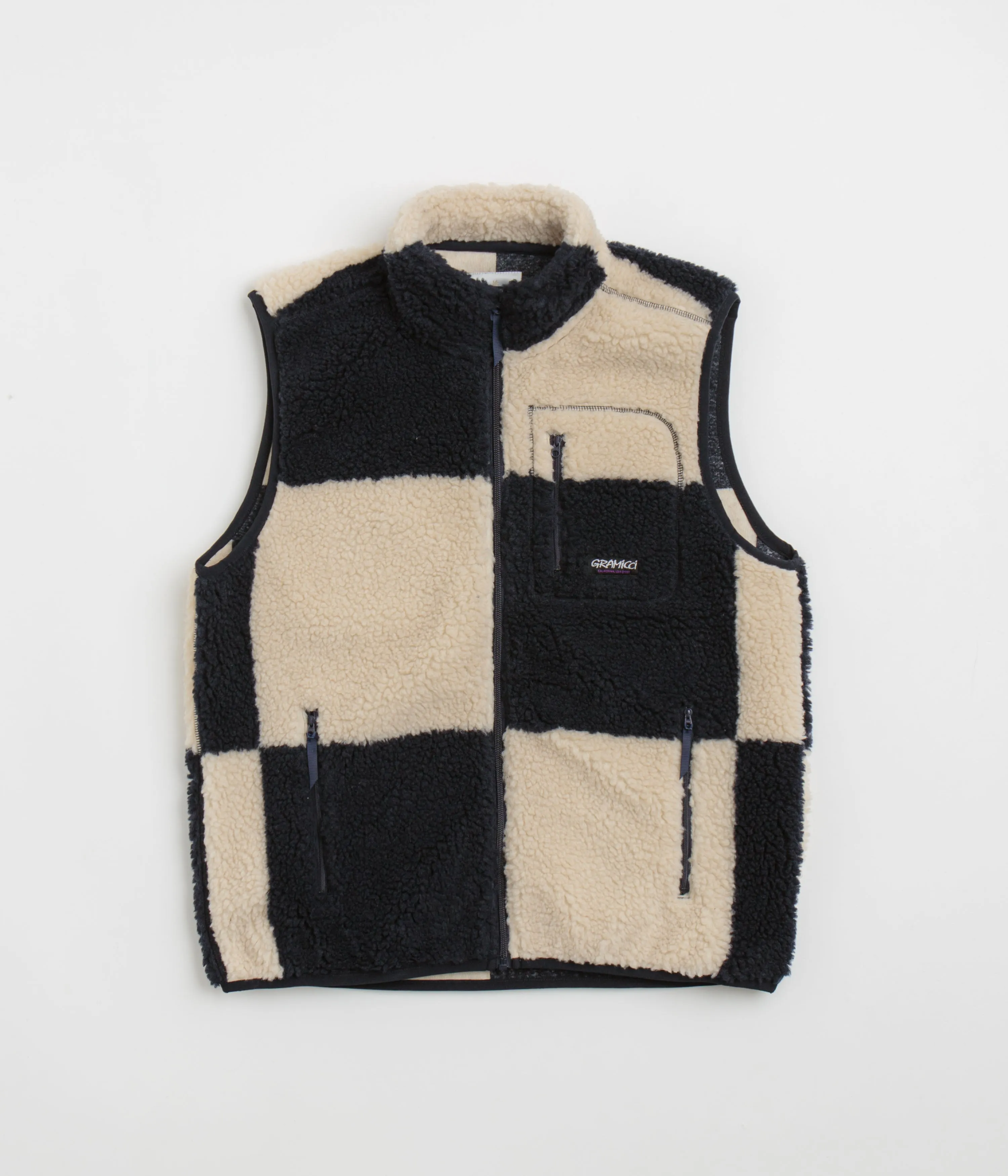 Gramicci Checkered Sherpa Vest - Natural / Navy Check Gramicci