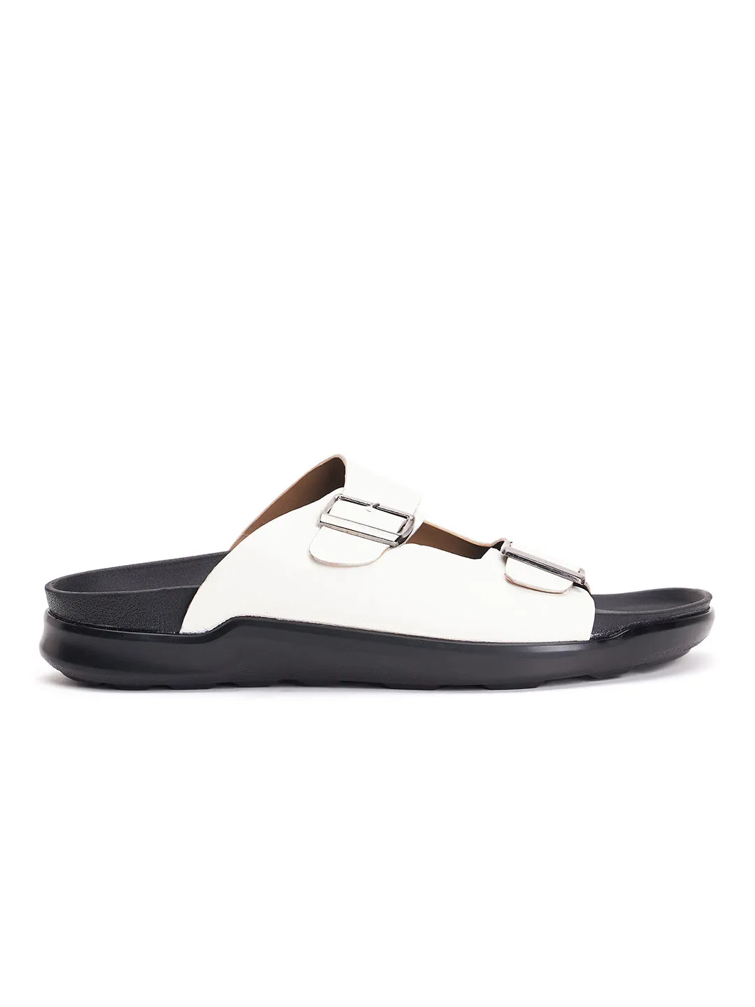 Hitz Men's White Leather Open Toe Slippers