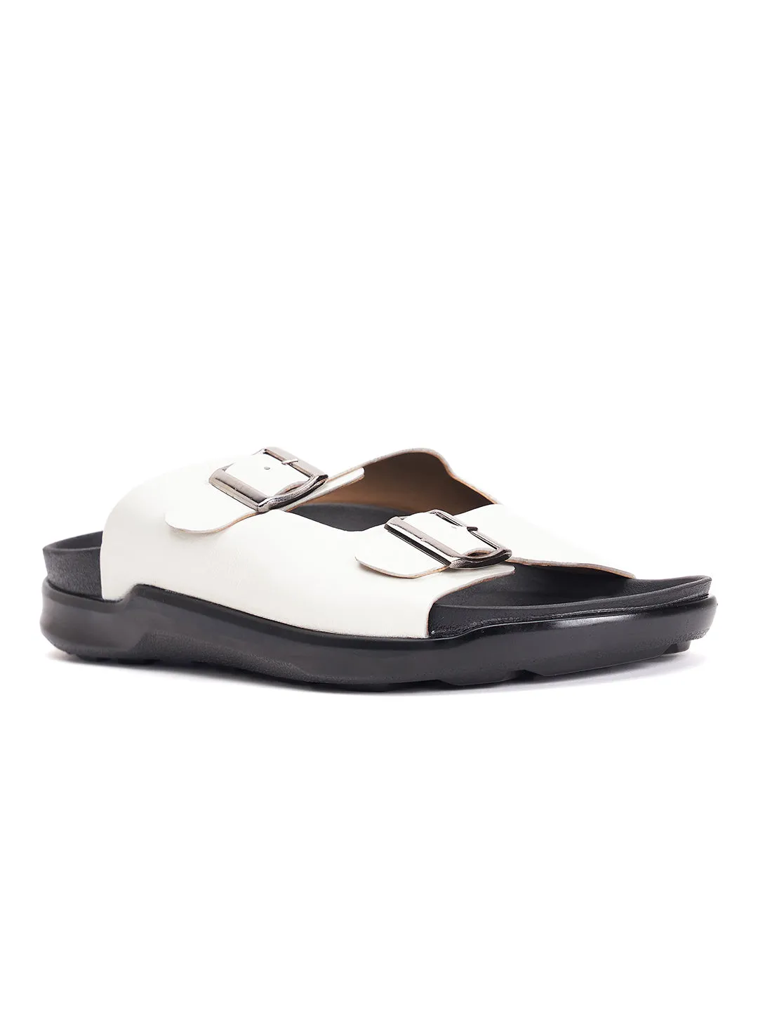Hitz Men's White Leather Open Toe Slippers