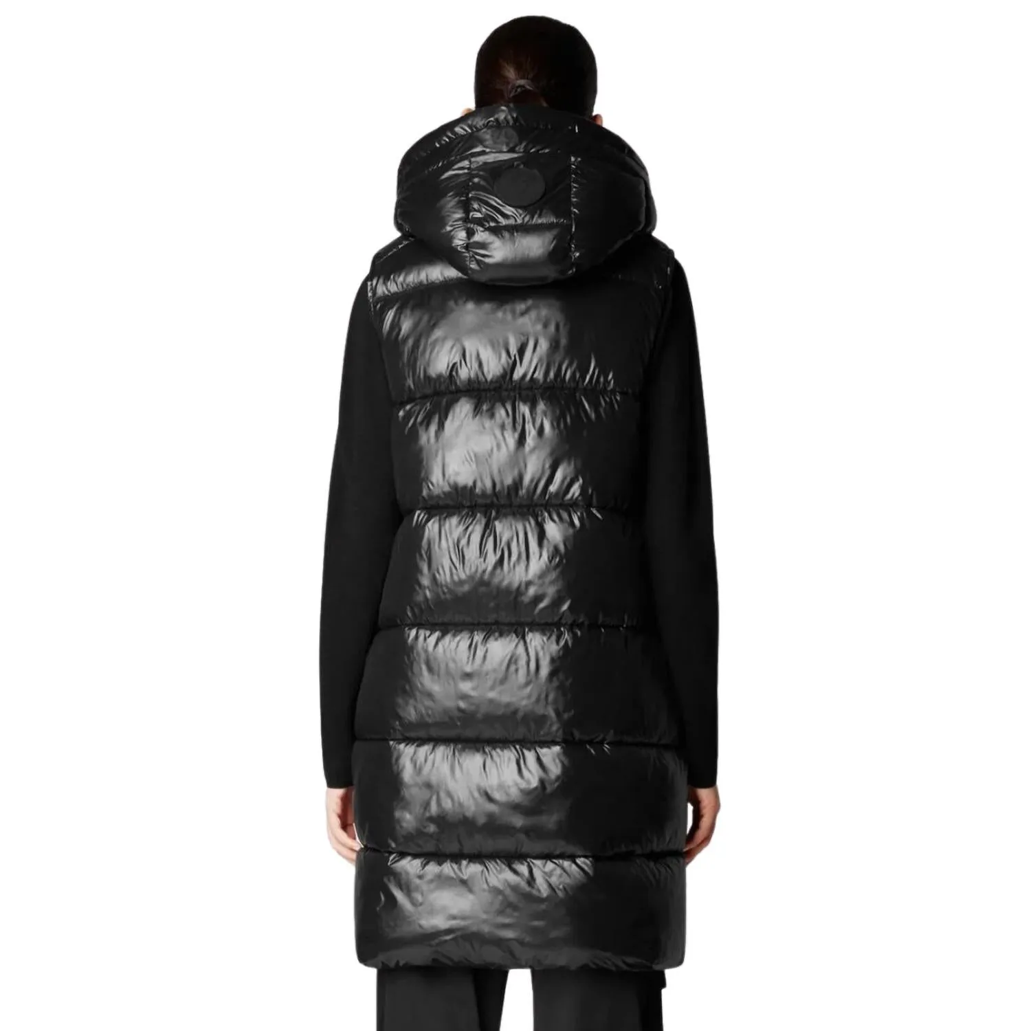 Iria Long Hooded Puffer Vest In Black