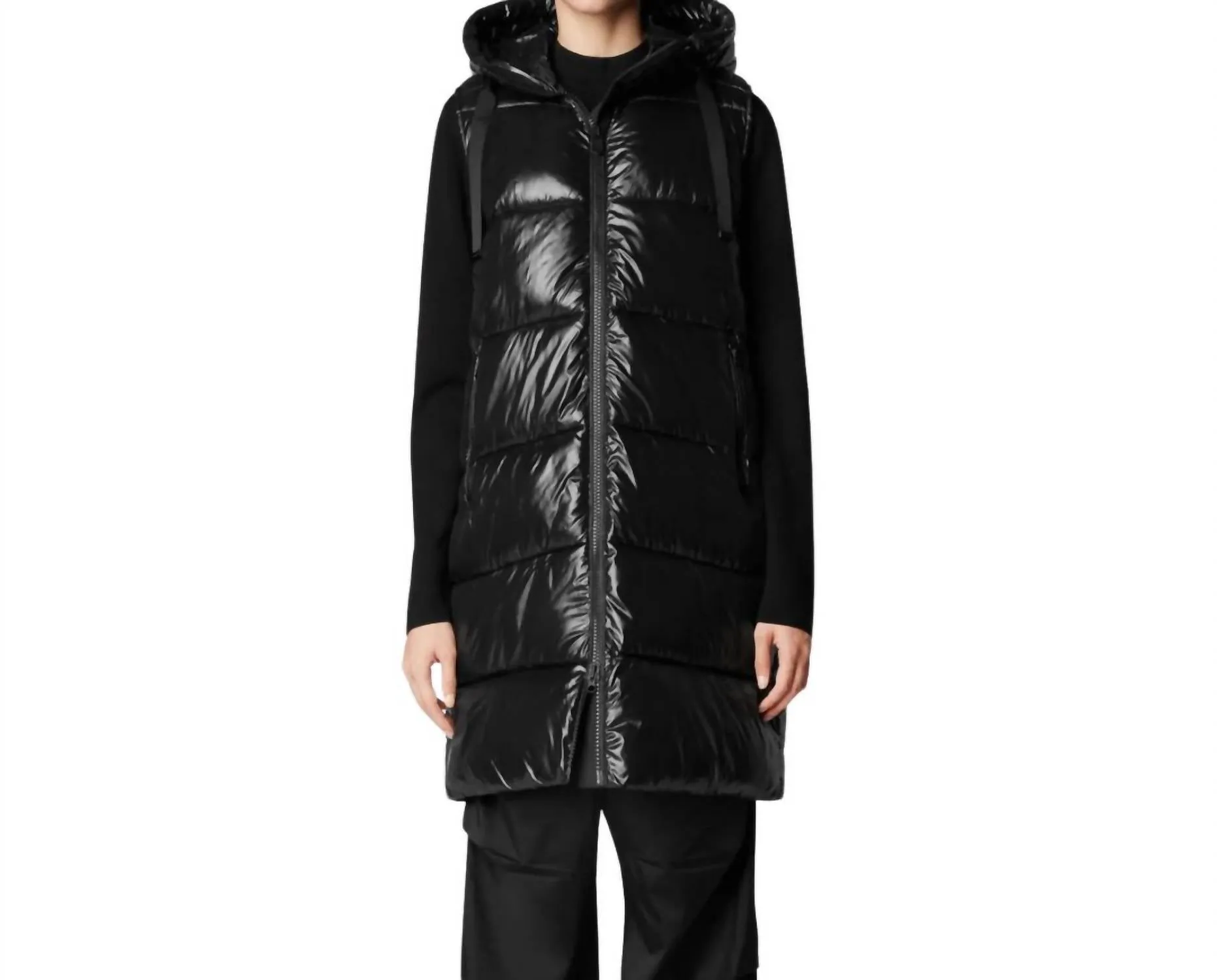 Iria Long Hooded Puffer Vest In Black