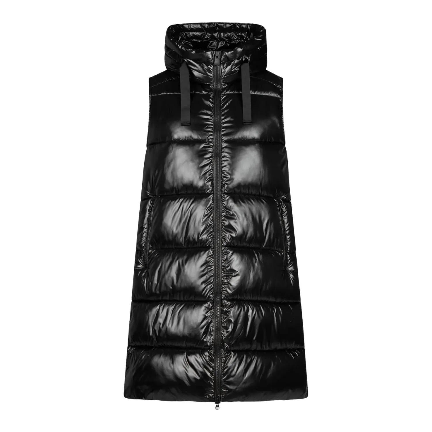 Iria Long Hooded Puffer Vest In Black