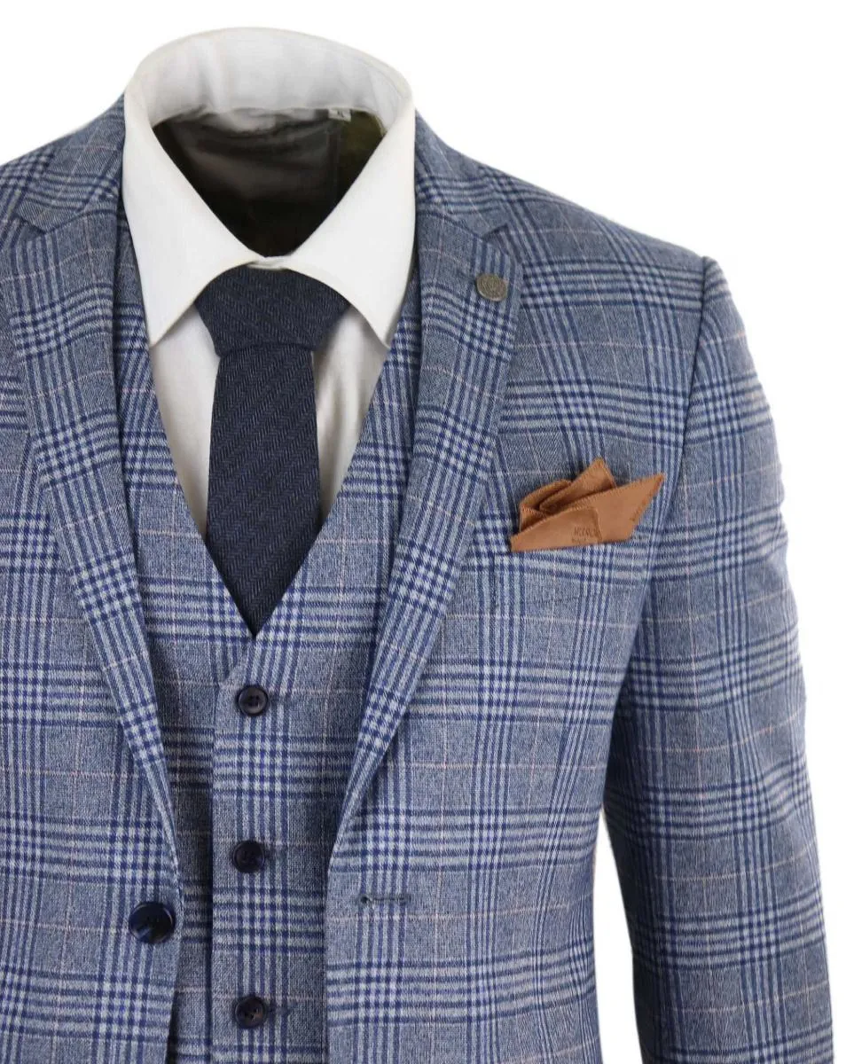 Mens 3 Piece Blue Grey Tweed Check Vintage Retro Suit