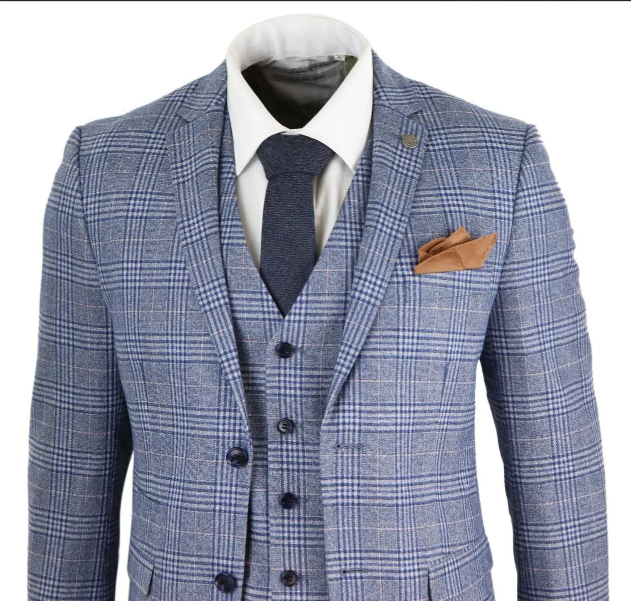 Mens 3 Piece Blue Grey Tweed Check Vintage Retro Suit