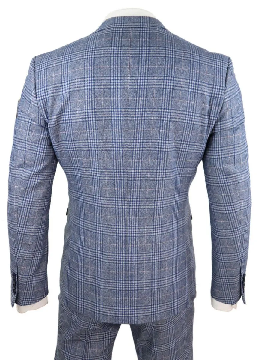 Mens 3 Piece Blue Grey Tweed Check Vintage Retro Suit