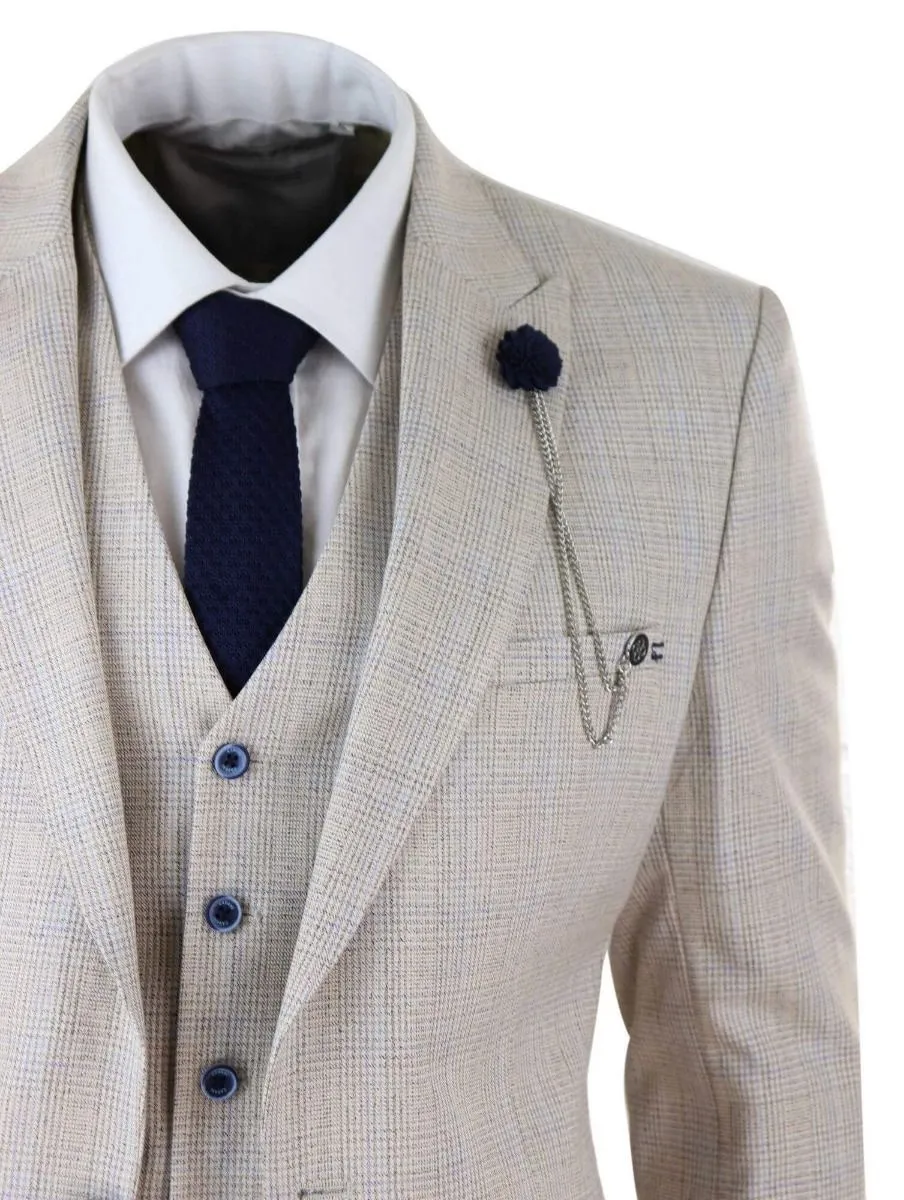 Mens 3 Piece Cream Check Tweed Herringbone Vintage Classic Suit