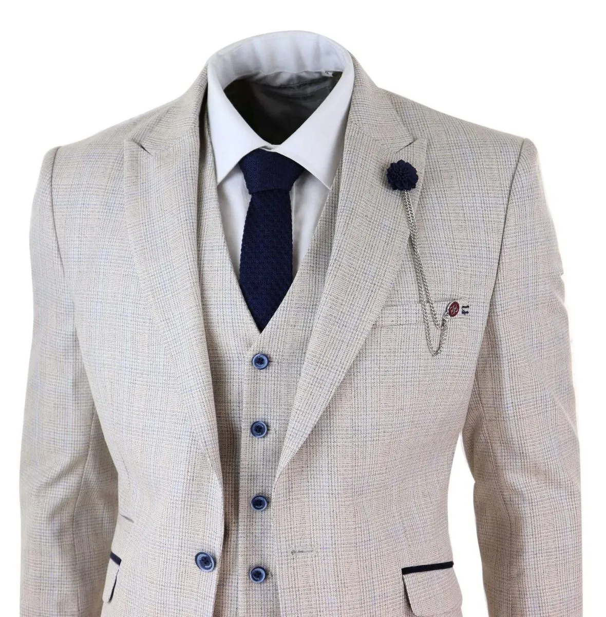Mens 3 Piece Cream Check Tweed Herringbone Vintage Classic Suit