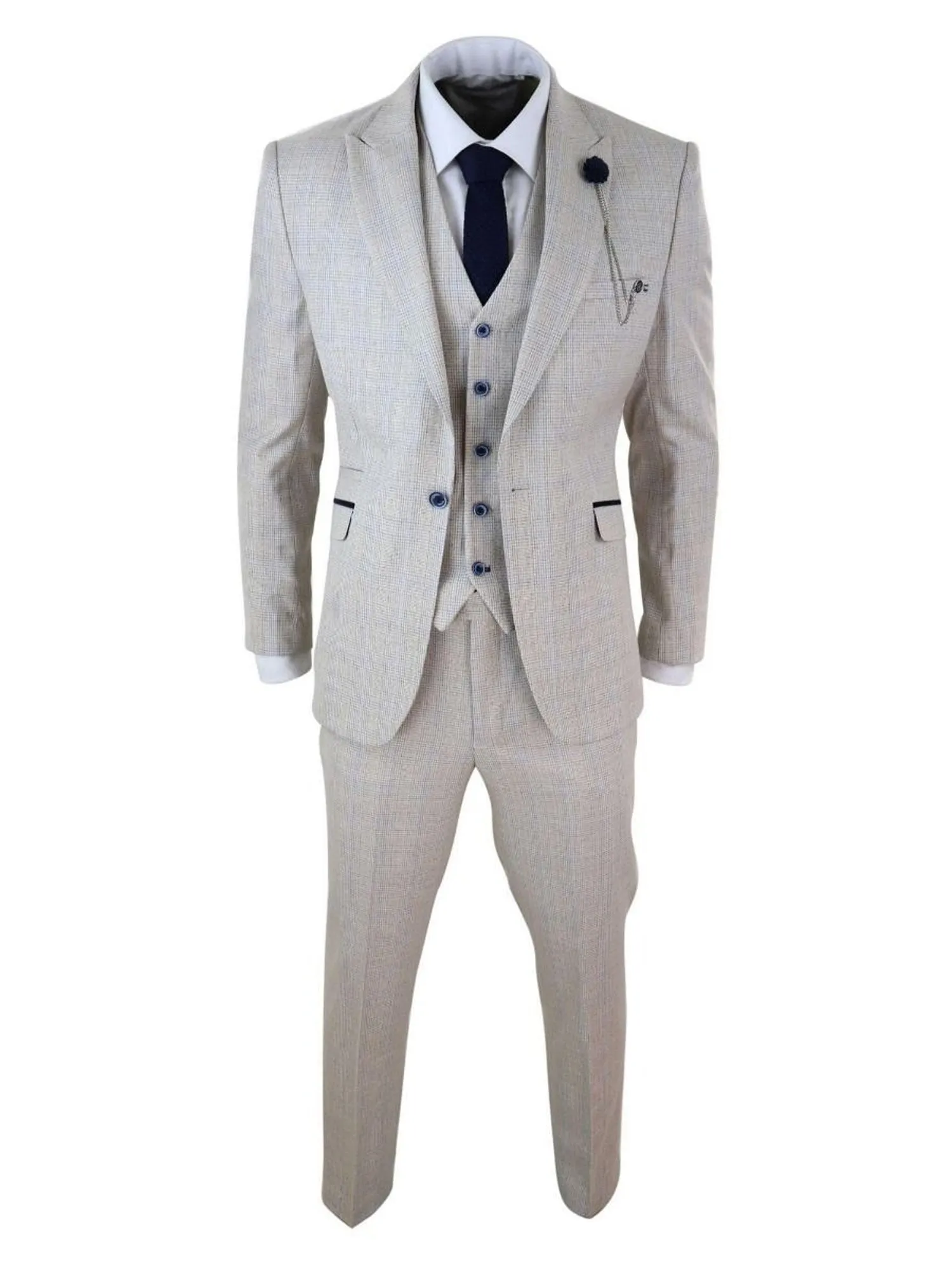 Mens 3 Piece Cream Check Tweed Herringbone Vintage Classic Suit