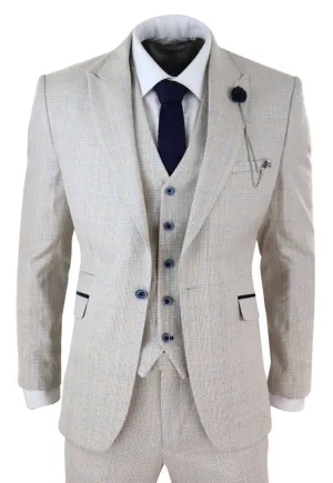 Mens 3 Piece Cream Check Tweed Herringbone Vintage Classic Suit