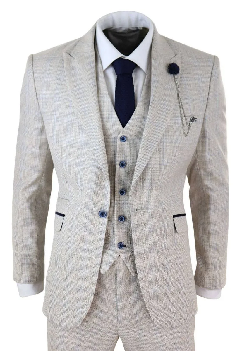 Mens 3 Piece Cream Check Tweed Herringbone Vintage Classic Suit