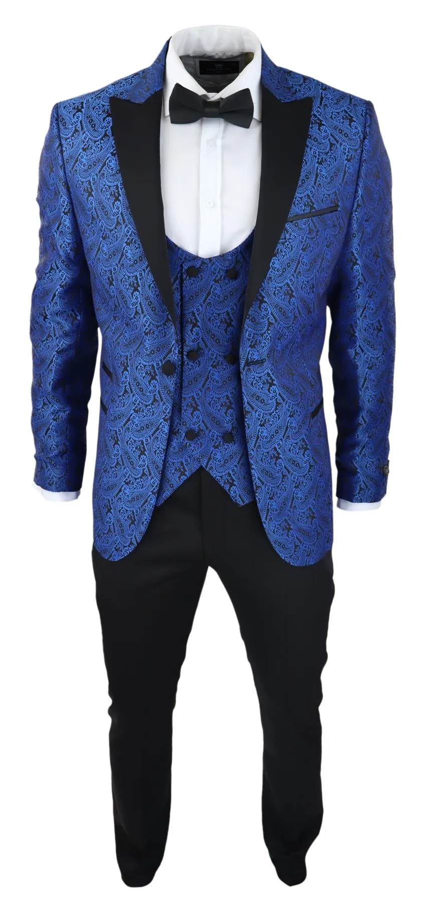Mens Blue Tuxedo Blazer Waistcoat Brocade Black Satin Paisley Dinner Jacket