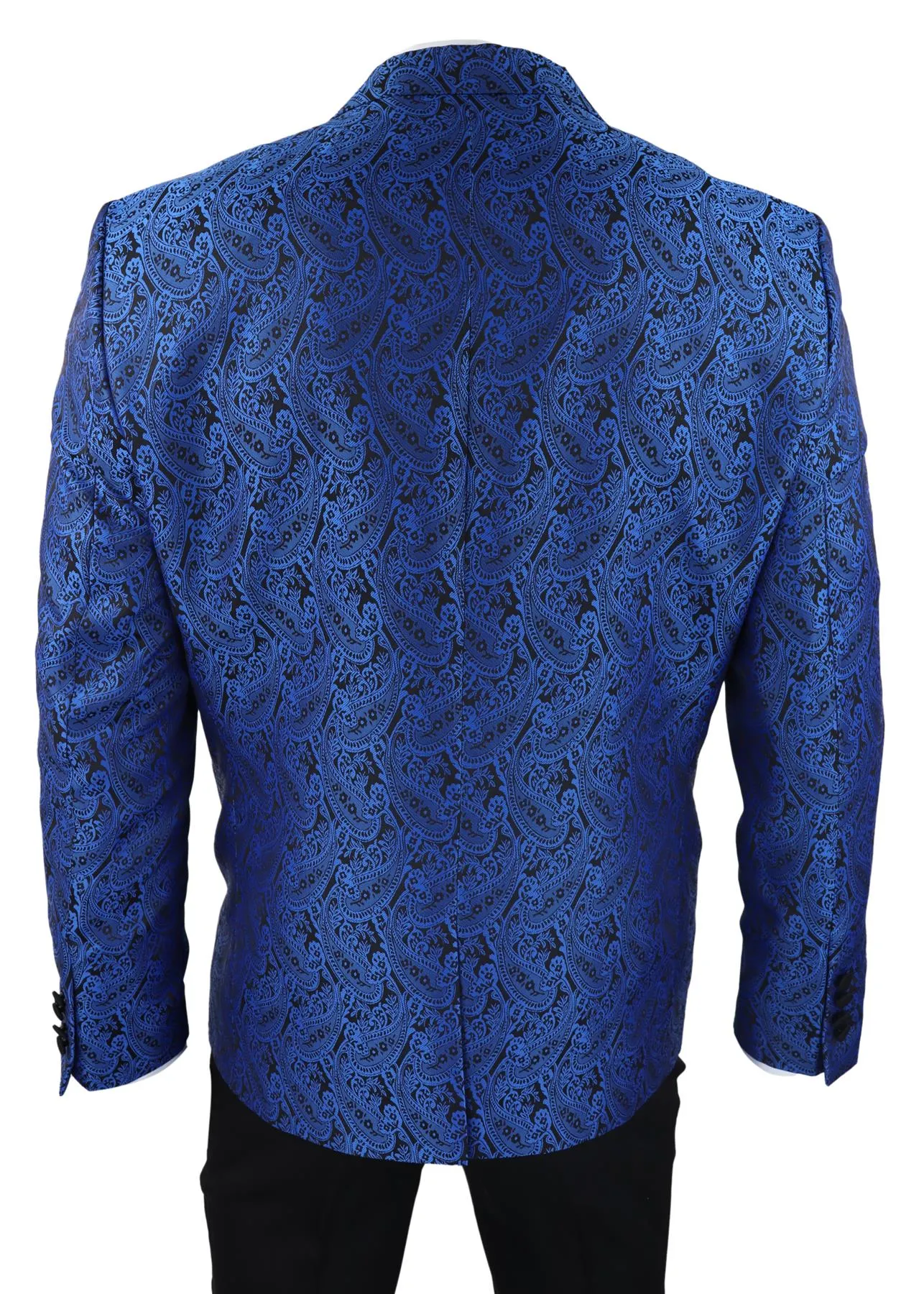 Mens Blue Tuxedo Blazer Waistcoat Brocade Black Satin Paisley Dinner Jacket
