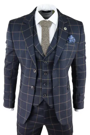 Mens Navy Blue Check 3 Piece Tweed Suit Peaky Blinders 1920s Gatsby Tailored Fit