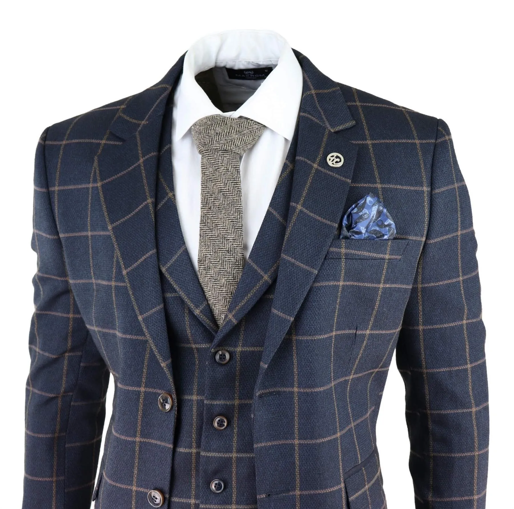 Mens Navy Blue Check 3 Piece Tweed Suit Peaky Blinders 1920s Gatsby Tailored Fit