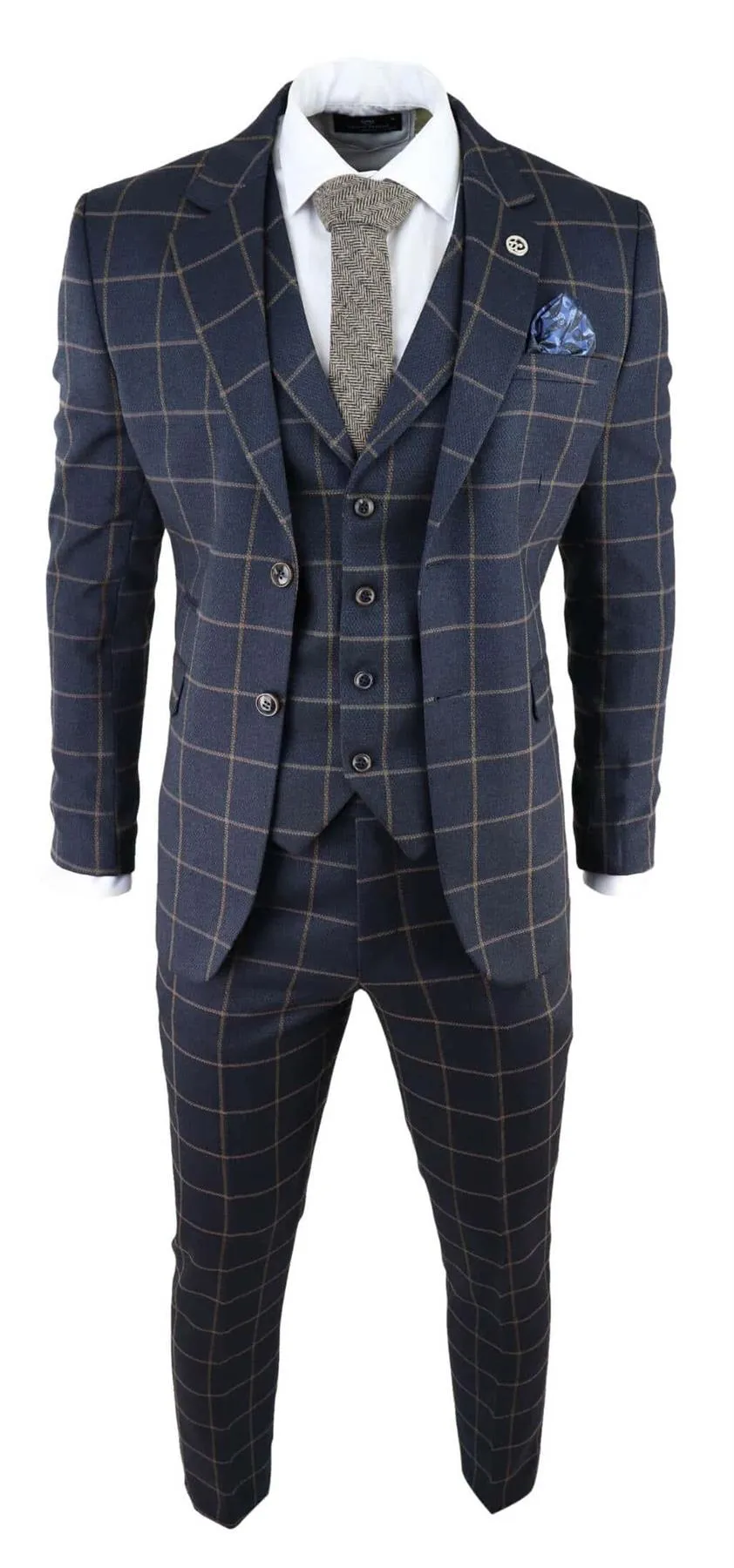 Mens Navy Blue Check 3 Piece Tweed Suit Peaky Blinders 1920s Gatsby Tailored Fit