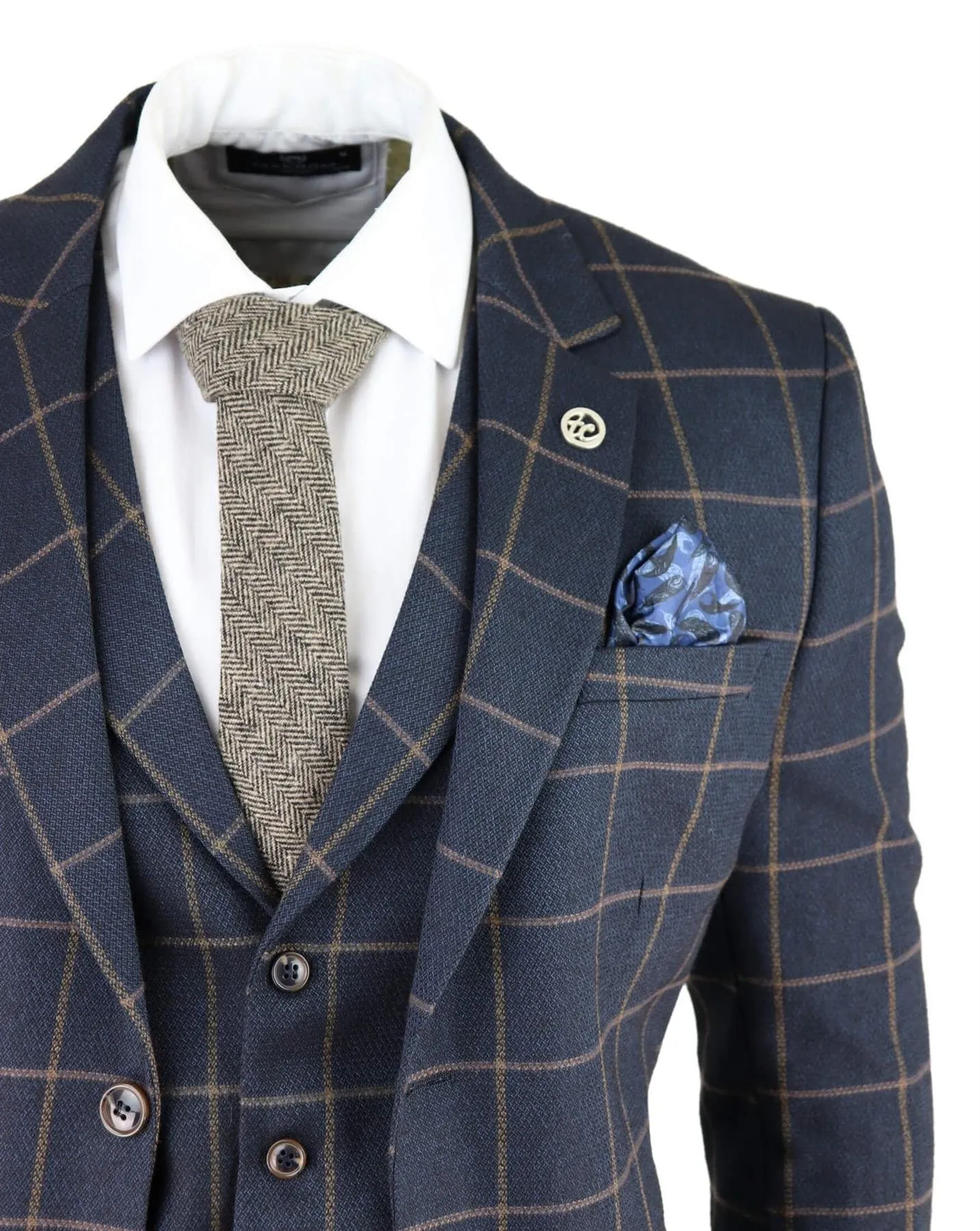 Mens Navy Blue Check 3 Piece Tweed Suit Peaky Blinders 1920s Gatsby Tailored Fit