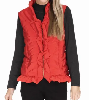 Ruffle Trim Quilted Nylon Vest In Ruby Red