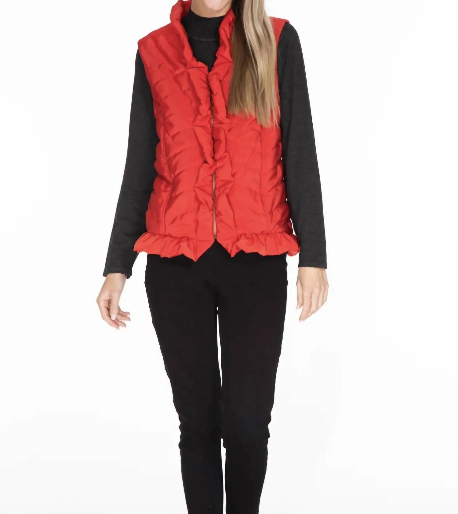 Ruffle Trim Quilted Nylon Vest In Ruby Red