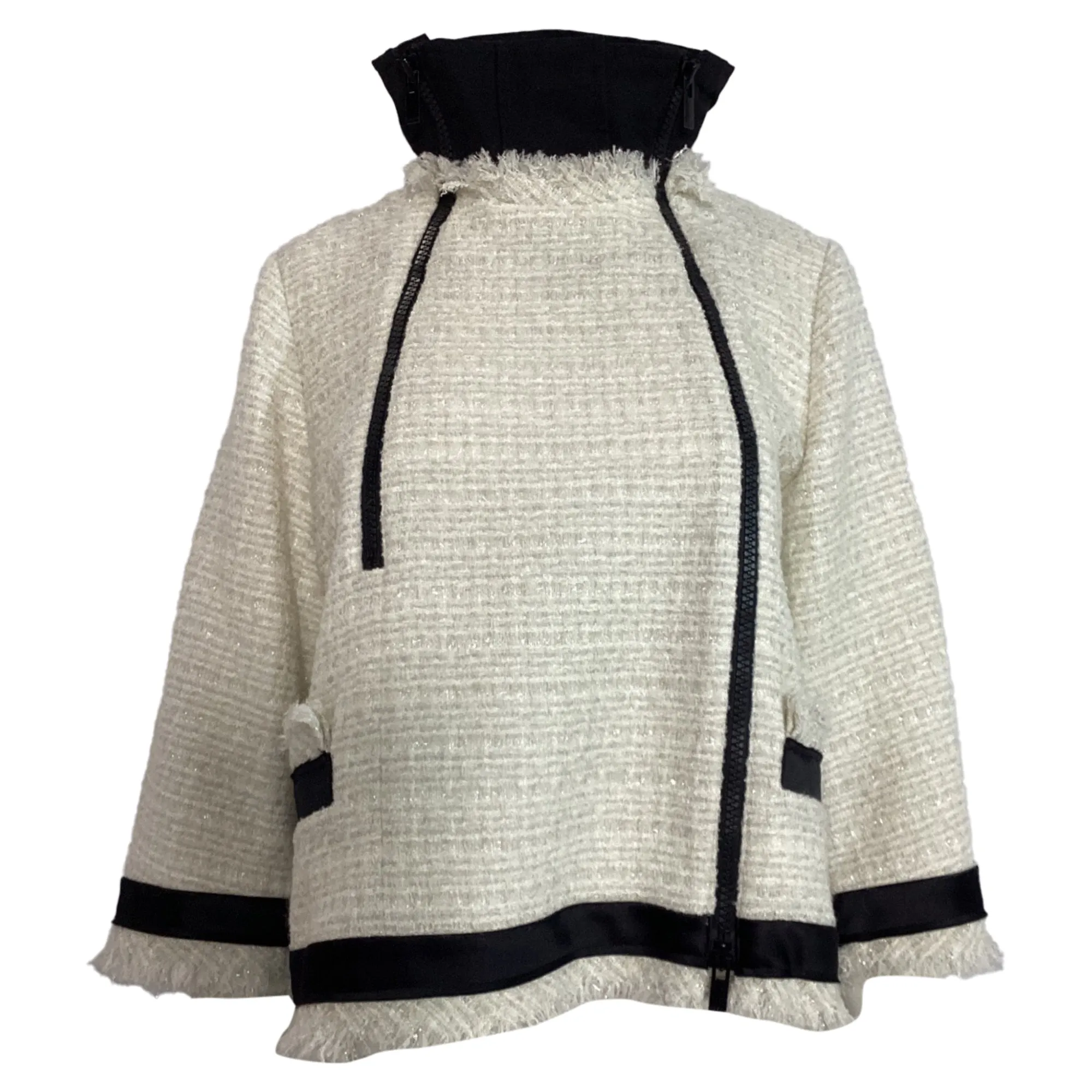 Sacai Double-Zipped Tweed Jacket in White Wool
