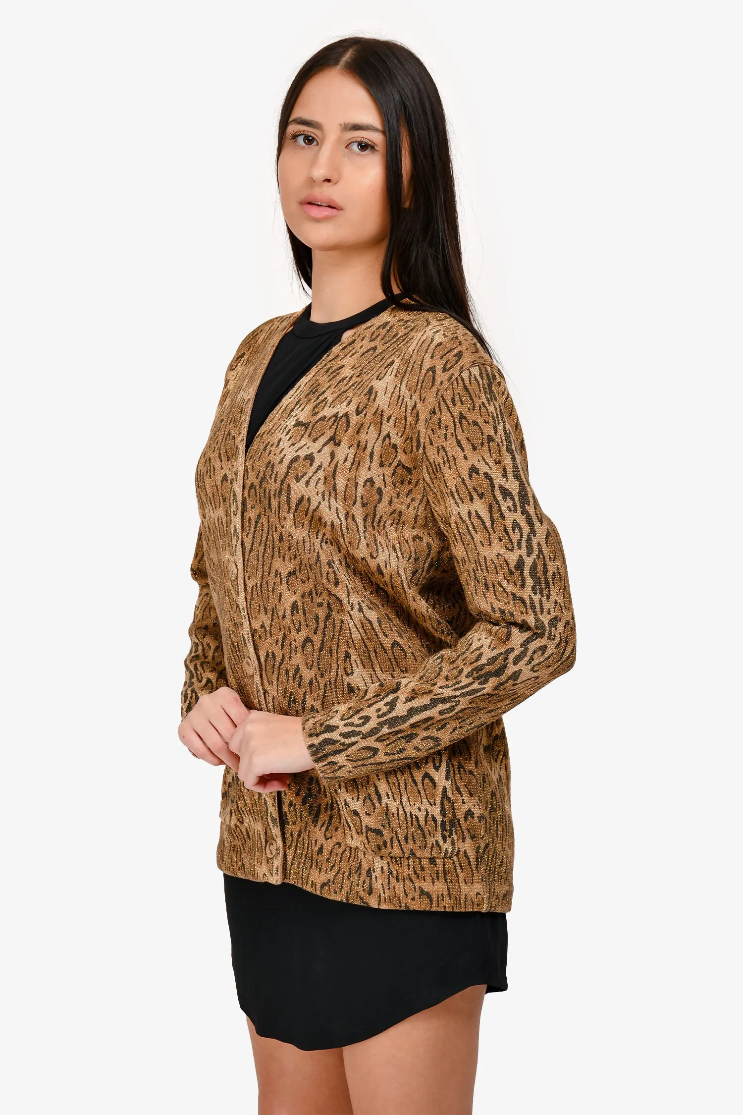 Saint Laurent 2015 Gold Wool Metallic Leopard Cardigan Size XS