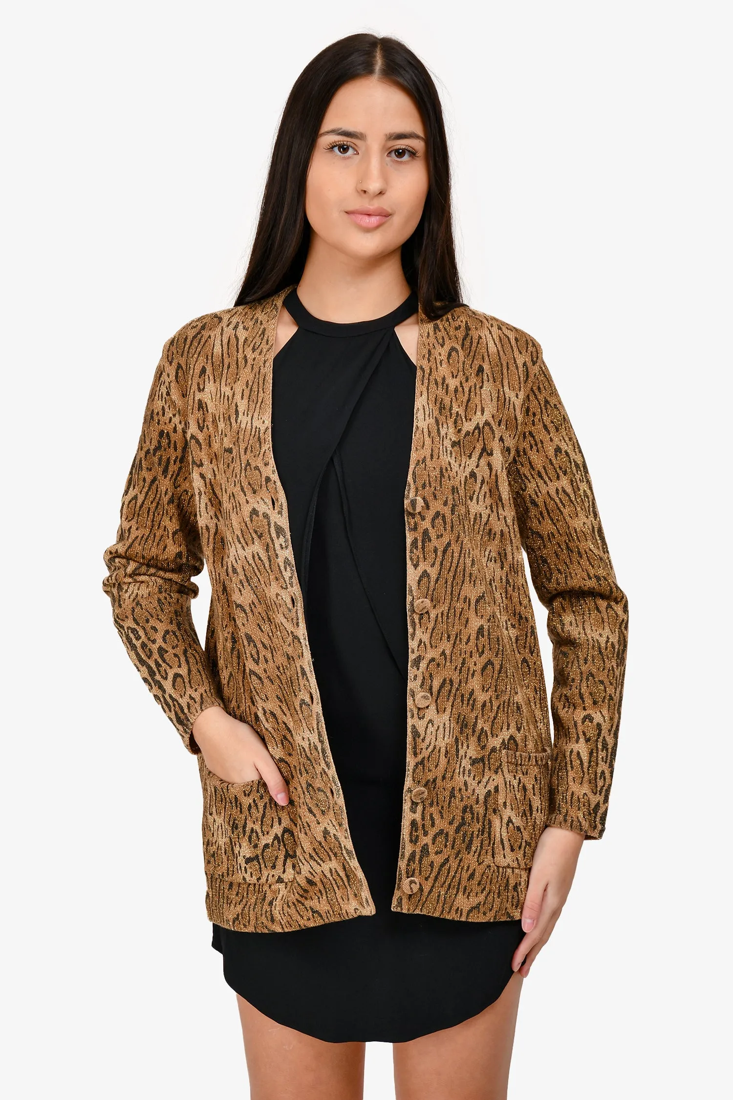 Saint Laurent 2015 Gold Wool Metallic Leopard Cardigan Size XS