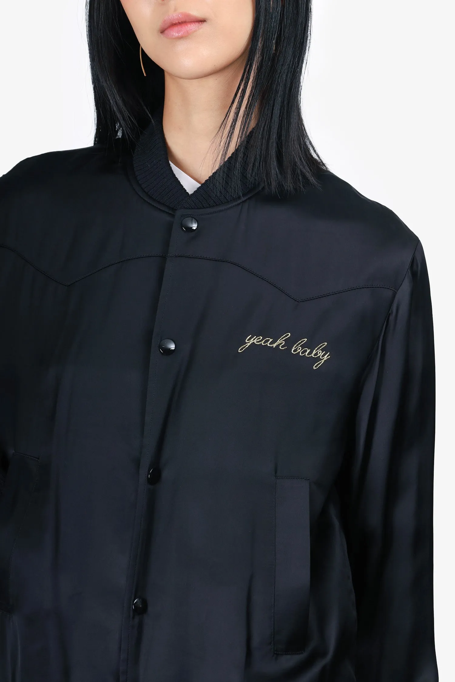 Saint Laurent Black Satin 'Yeah Baby' Bomber Jacket Size 44