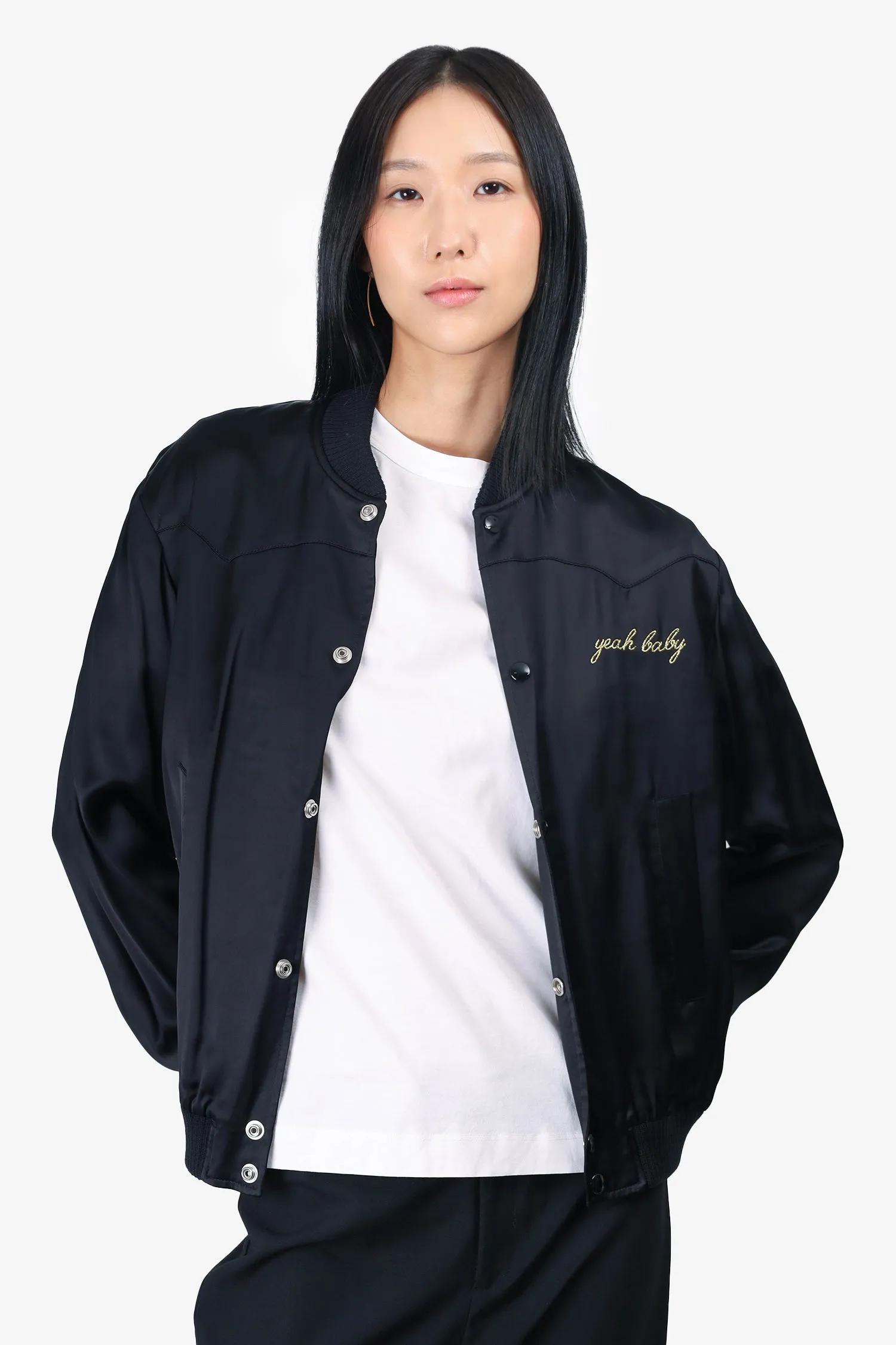 Saint Laurent Black Satin 'Yeah Baby' Bomber Jacket Size 44