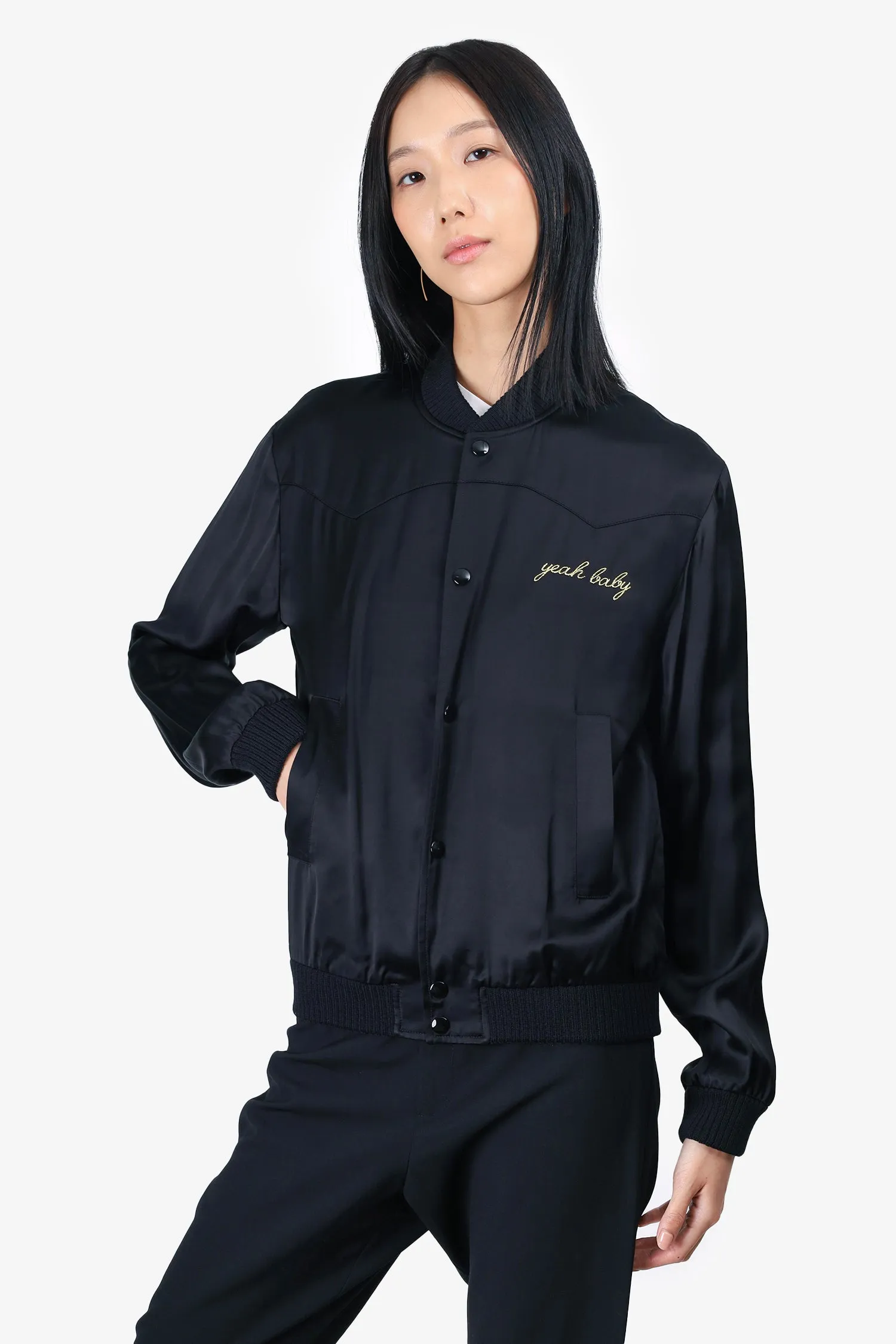 Saint Laurent Black Satin 'Yeah Baby' Bomber Jacket Size 44