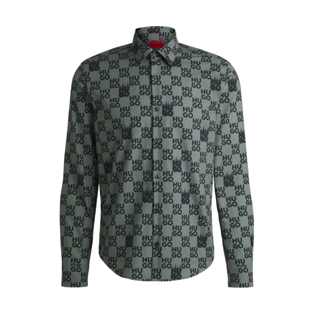 Slim-fit shirt in seasonal-print cotton poplin