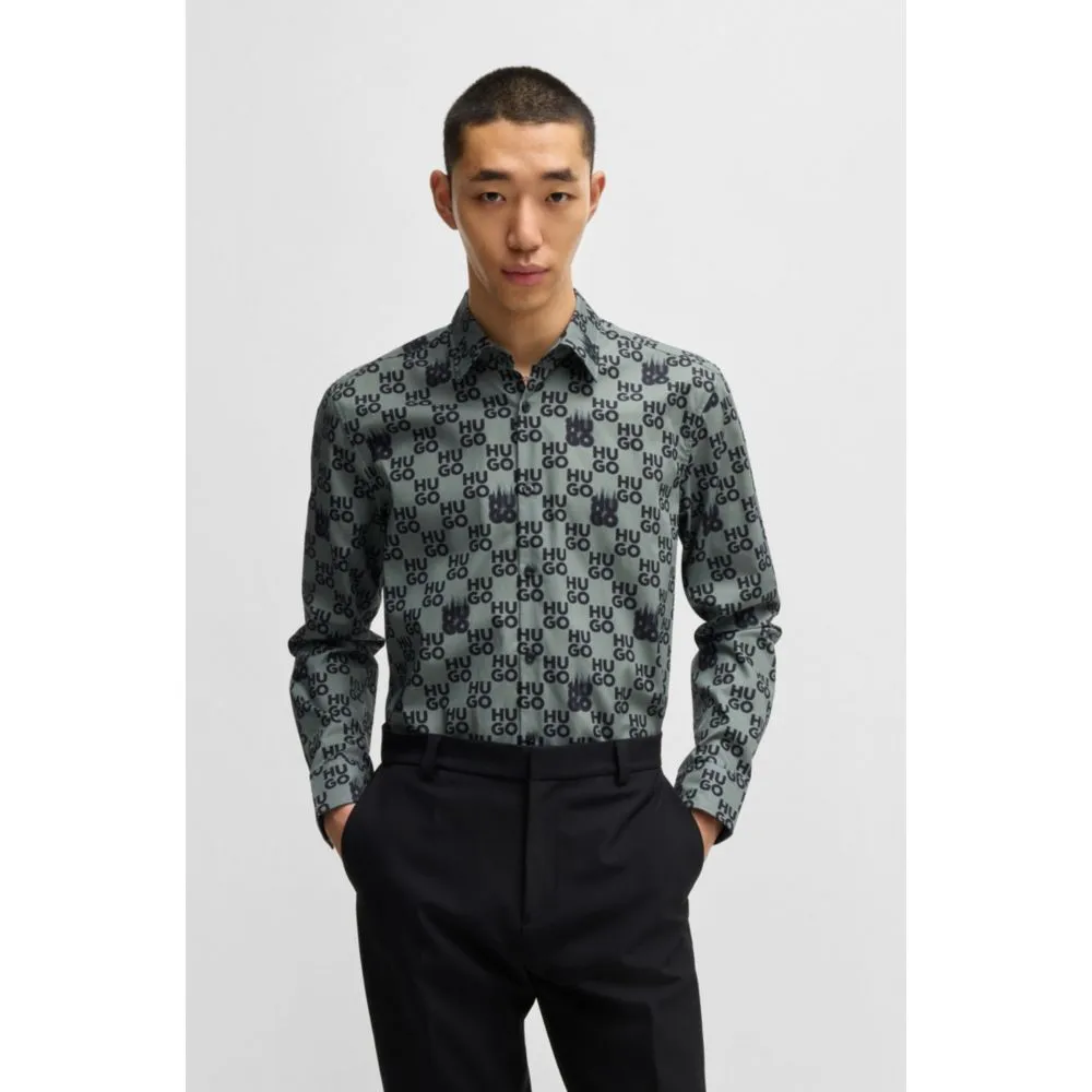 Slim-fit shirt in seasonal-print cotton poplin