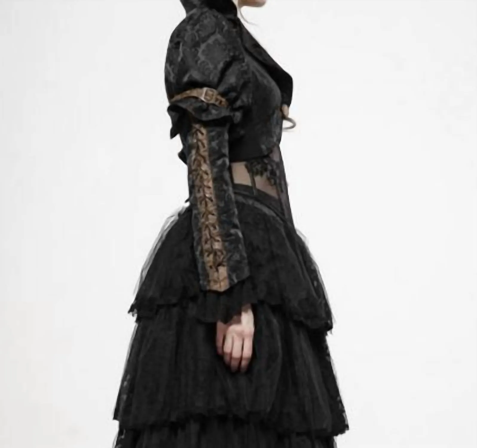 Steampunk Lace Up Puff Sleeve Short Coat In Black/brown
