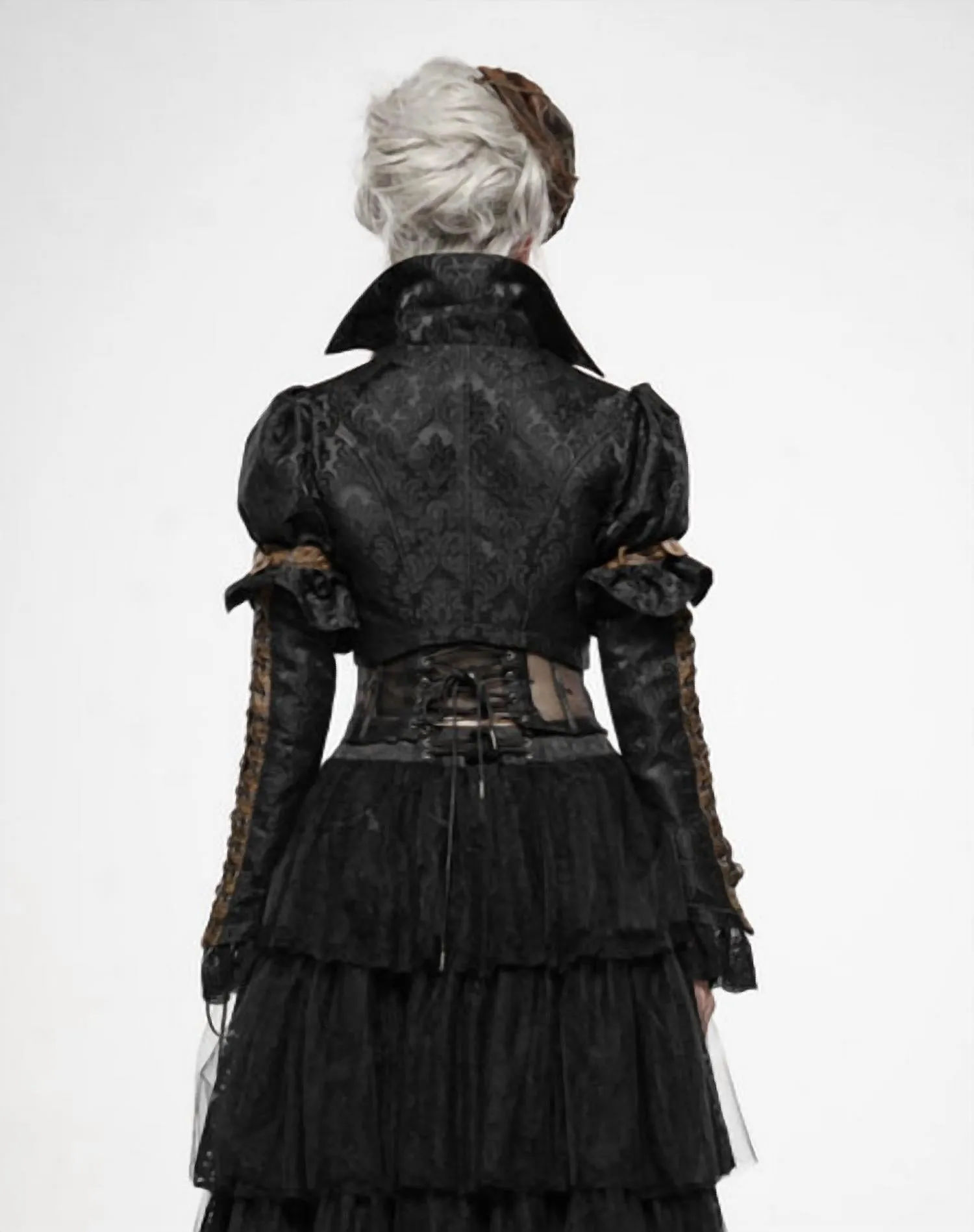 Steampunk Lace Up Puff Sleeve Short Coat In Black/brown