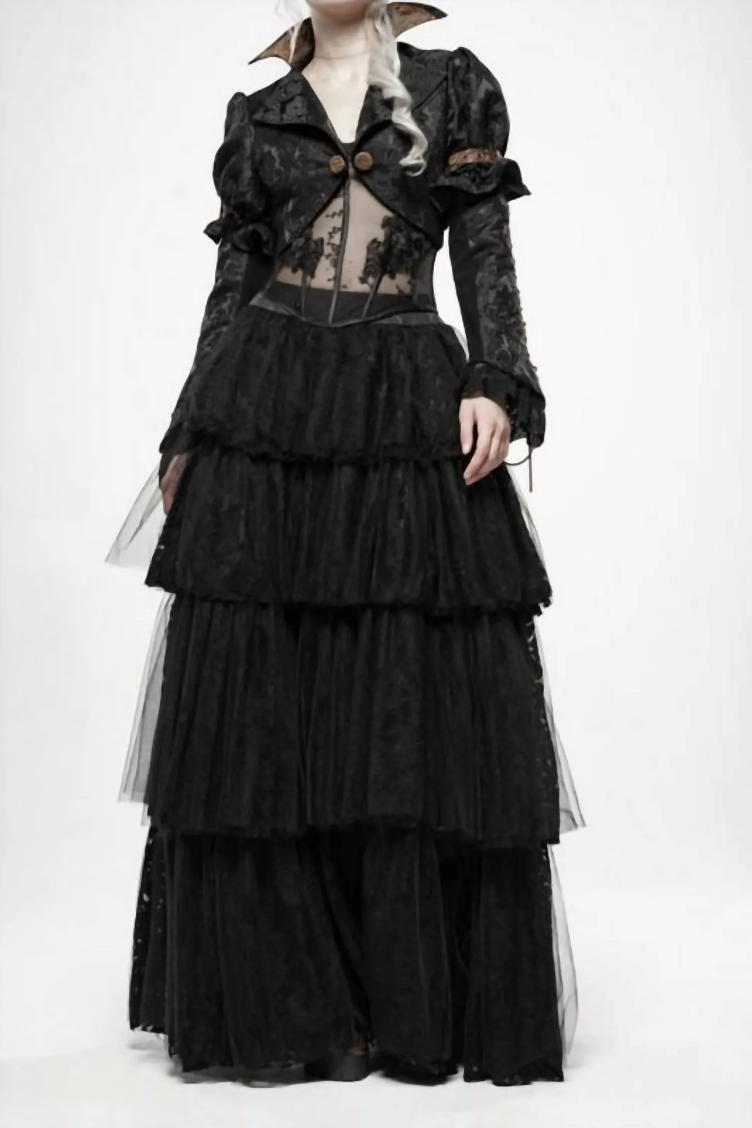 Steampunk Lace Up Puff Sleeve Short Coat In Black/brown