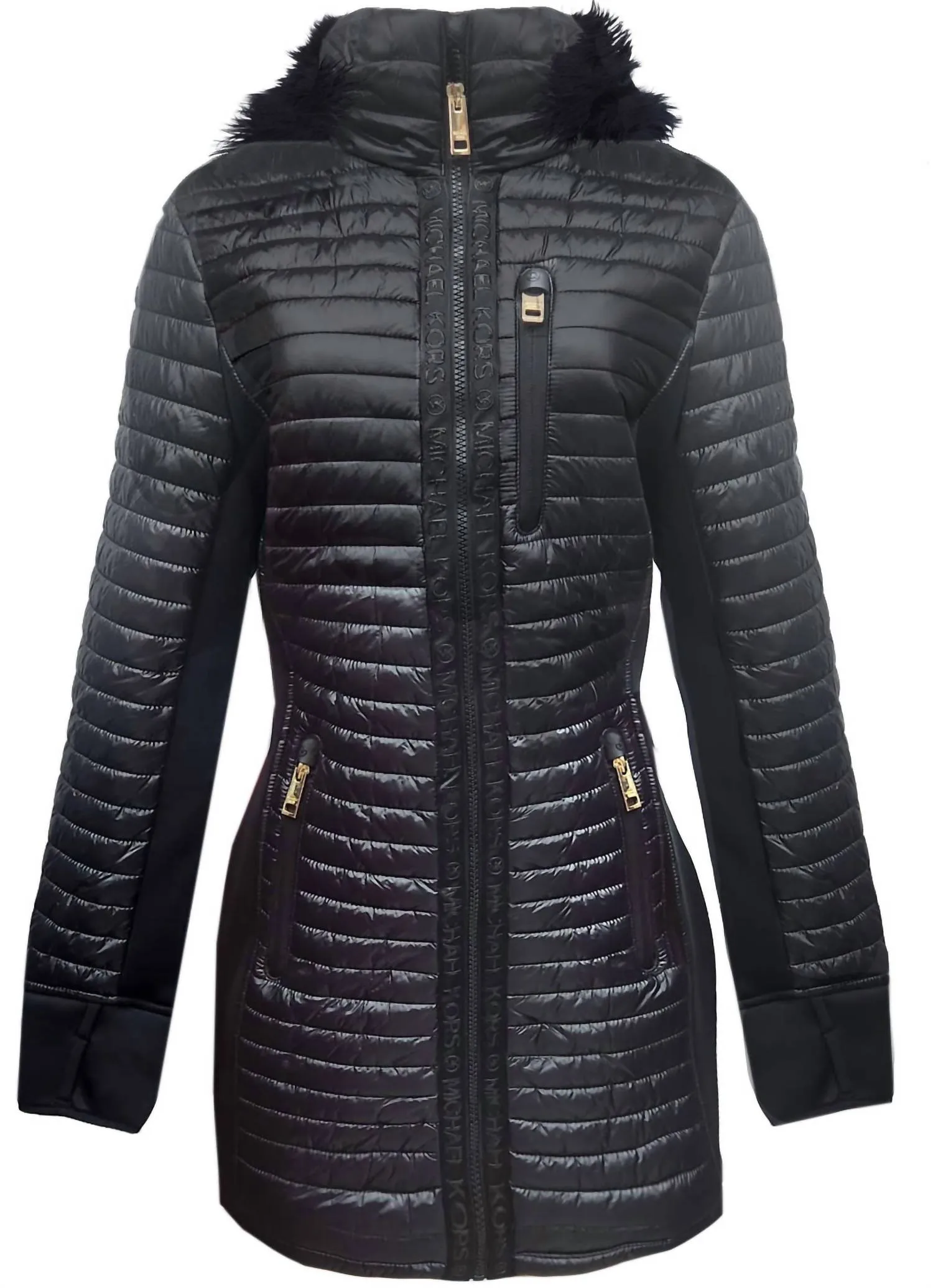 Women's Quilted Mixed Media 3/4 Coat Jacket With Faux Fur In Black