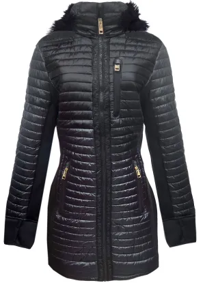 Women's Quilted Mixed Media 3/4 Coat Jacket With Faux Fur In Black