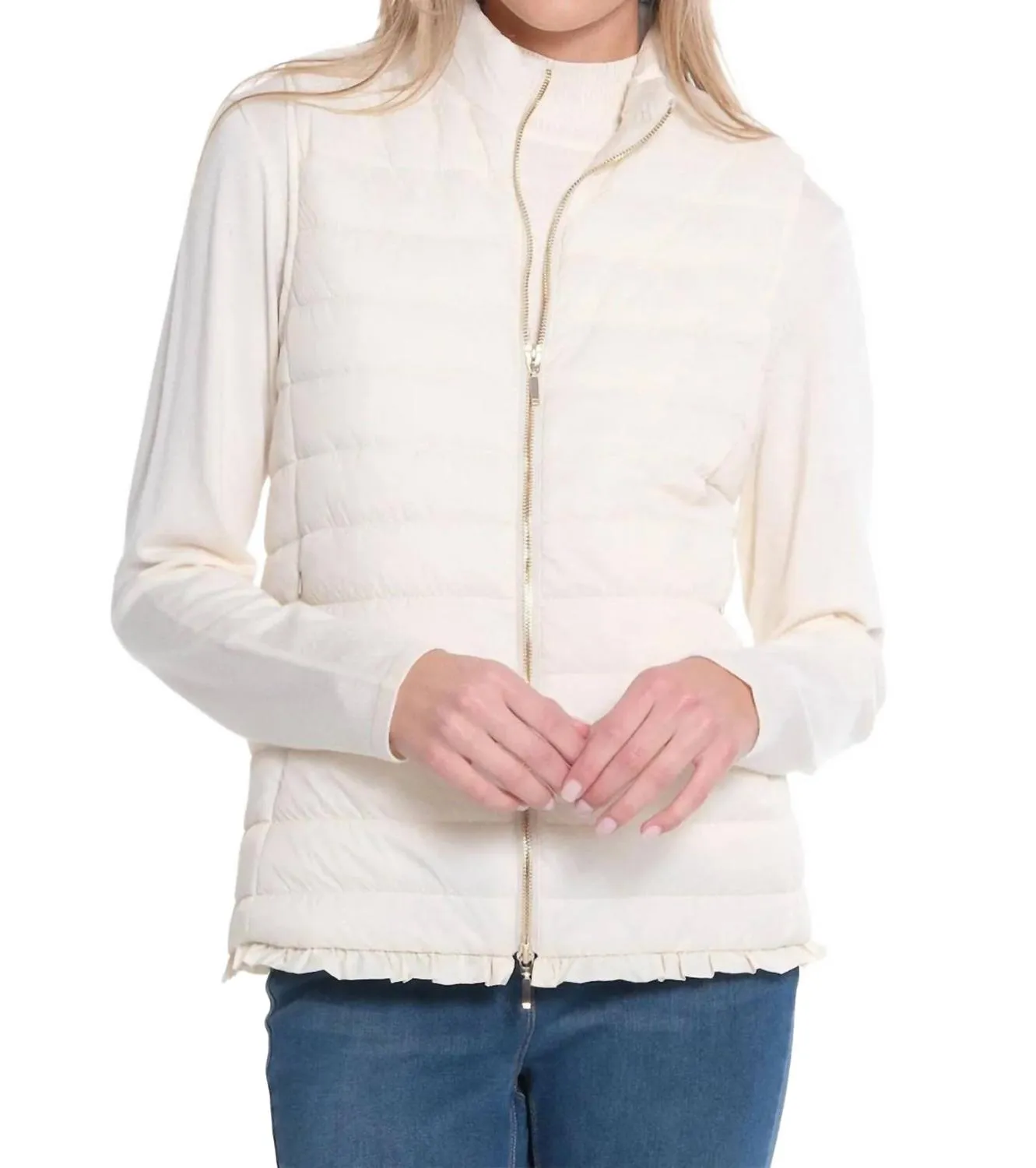 Zip Thru Collar Zip Pocket Quilted Vest In Winter White