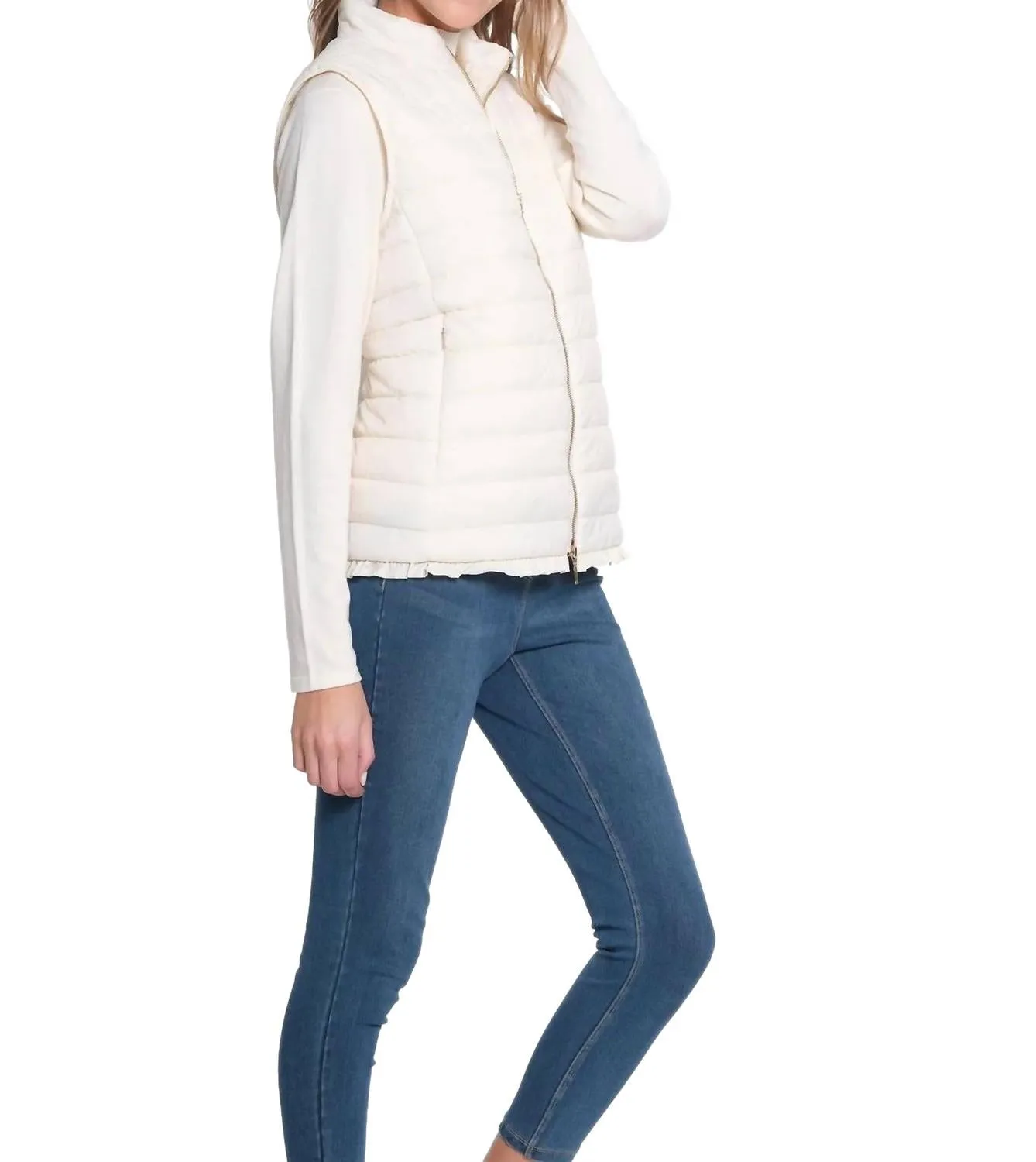 Zip Thru Collar Zip Pocket Quilted Vest In Winter White